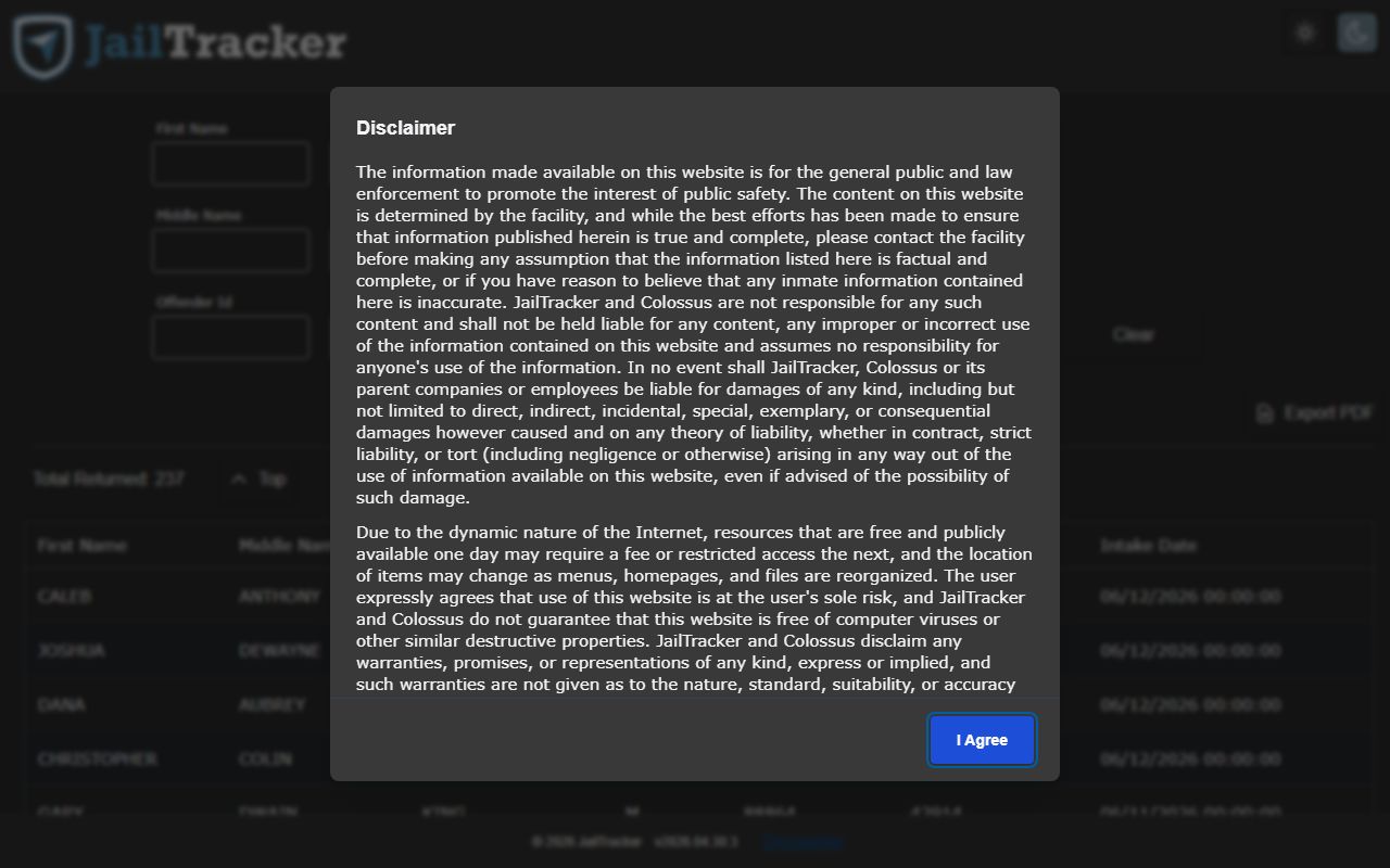 Hancock County inmate population JailTracker roster search interface